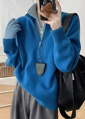 투톤 더블 하프집업 레이어 니트