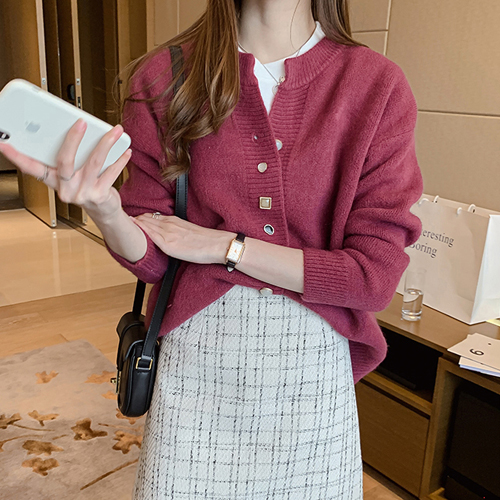 비스코스 버튼 장식 라운드넥 가디건