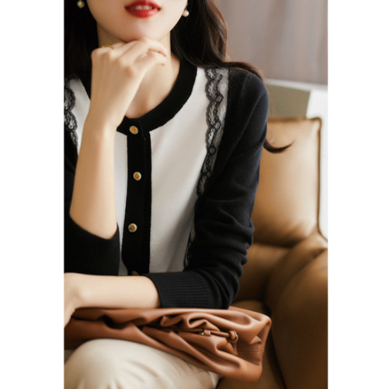  라운드 넥 레이스 배색 버튼 가디건★비스코스 함유로 타사와 원단 차별화★