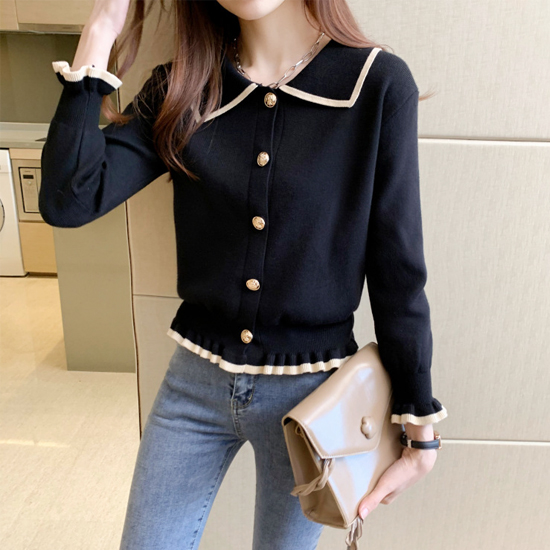  카라 배색 라인 클래식 가디건