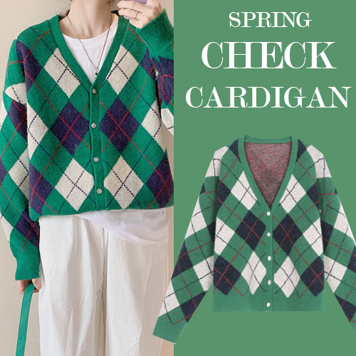 ◈[당일발송]  아가일 패턴 긴팔 니트 가디건