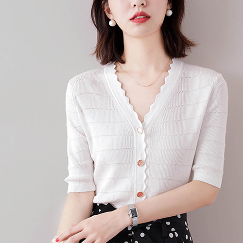 브이넥 물결 5부 반팔 가디건