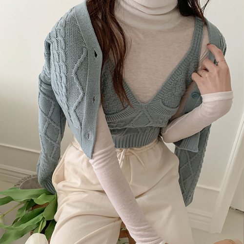 브이넥 꽈배기 나시 가디건 세트