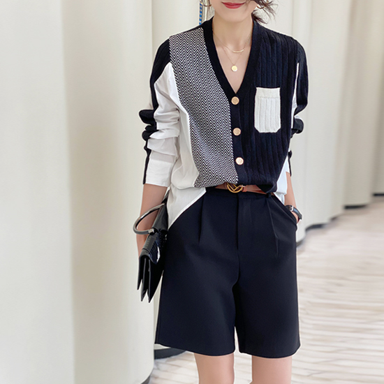 [당일발송] 브이넥 언발 배색 반전 셔츠 가디건