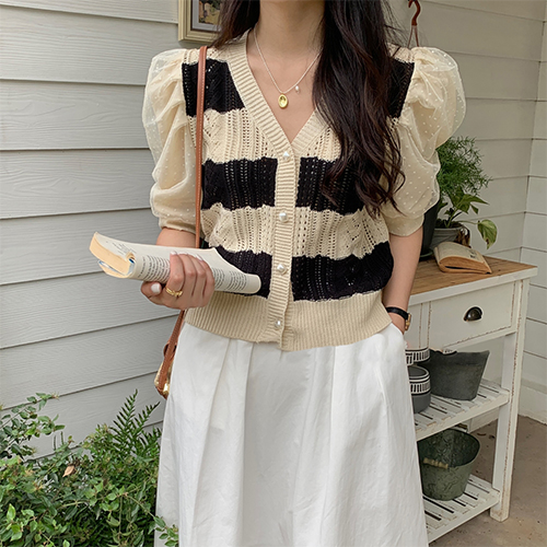 ★월요특가 자정마감 50%★쉬폰 퍼프 줄무늬 펀칭 가디건