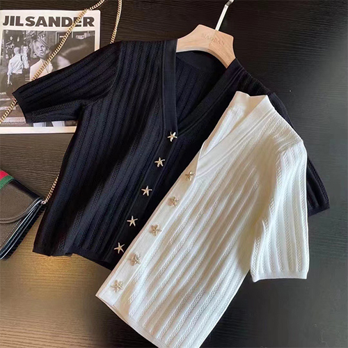  케이블 패턴 불가사리 단추 반팔 가디건 