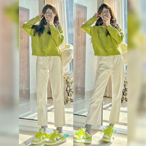 ◈[당일발송] 캐주얼 크롭 니트 집업 가디건+일자핏 코튼 팬츠 2SET