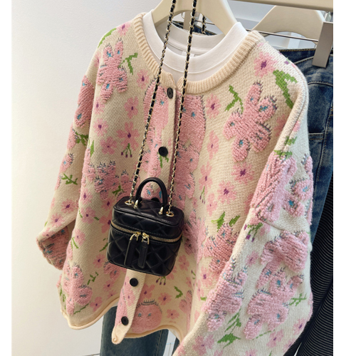 핑크 플라워 모티브 가디건