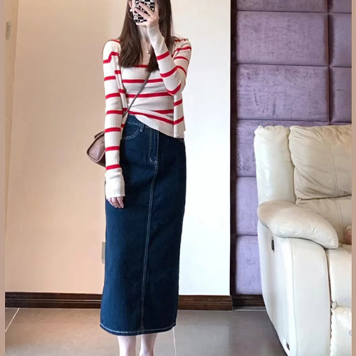 ◈[당일발송]  스트라이프 니트 나시 가디건+데님 스커트 3SET