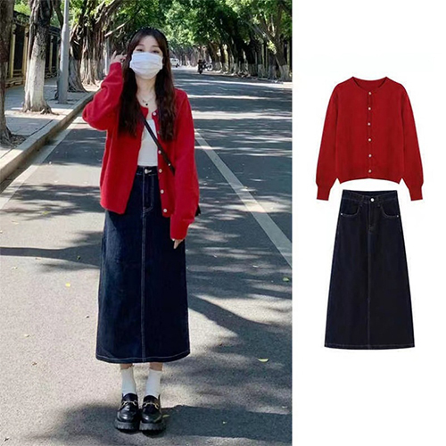 ◈[당일발송] 로맨틱 레드 가디건+스티치 데님 스커트 2SET