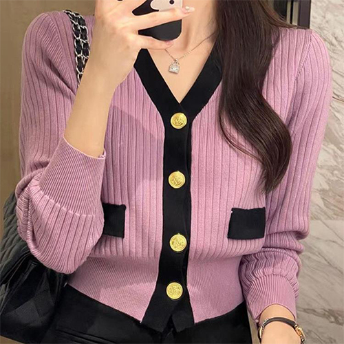 골지 금장버튼 브이넥 크롭 가디건