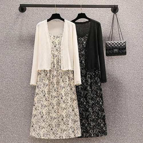 ◈[당일발송] ★월요특가 자정마감 50%★여성스러운 브이넥 가디건&패턴 끈나시 원피스 2SET