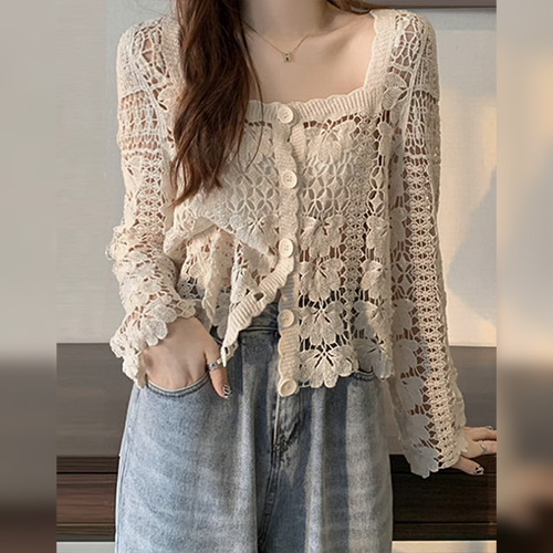 스퀘어 펀칭 패턴 긴팔 가디건