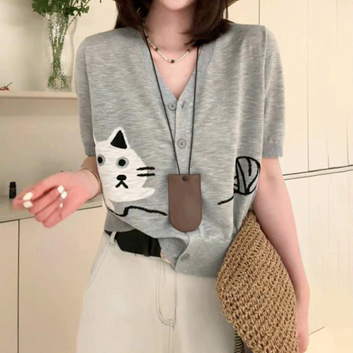 ◈[당일발송] 고양이 브이넥 반팔 가디건