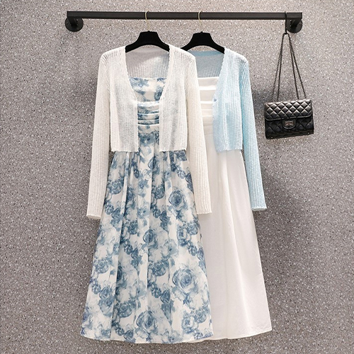 [당일발송]  얇은 시스루 골지 가디건&밴딩 핀턱 나시 원피스 2SET