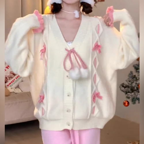 핑크 리본 꽈배기 브이넥 가디건
