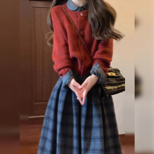 레트로 카라 셔츠&니트 가디건 2SET