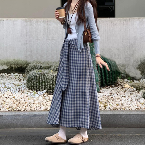 ◈[당일발송] 일상룩 골지 가디건&체크 랩스커트 2SET