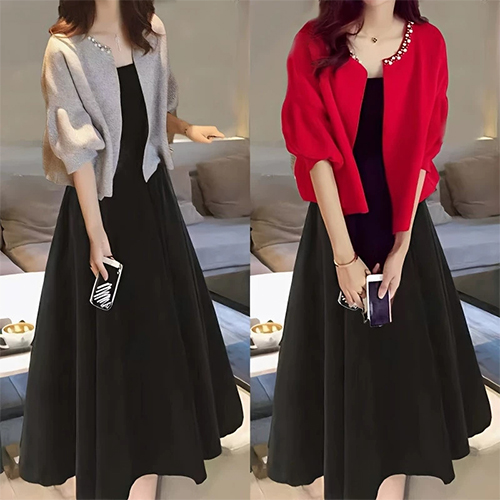 진주넥 니트 가디건&블랙 플레어 원피스 2SET