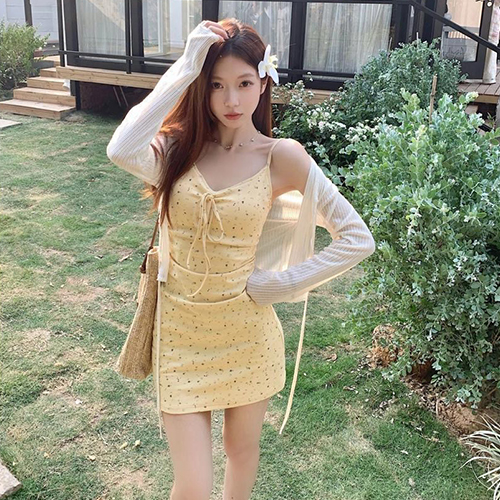 ◈[당일발송] 여리핏 골지 가디건&잔꽃 끈나시 원피스 2SET[롱/숏 2가지 타입]