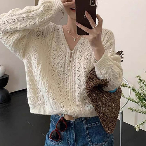 ◈[당일발송] 브이넥 진주 패턴 니트 가디건