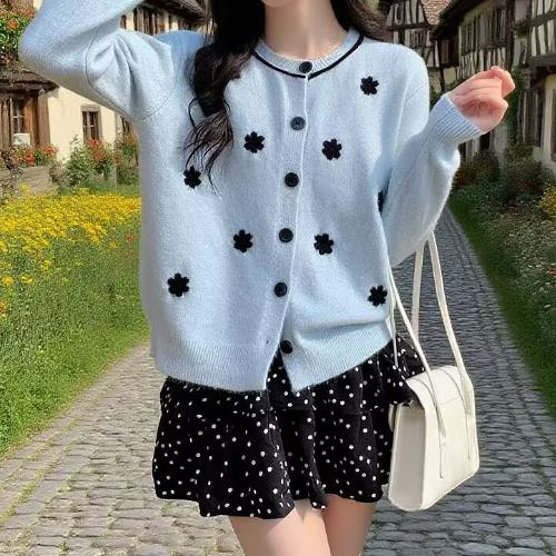 배색 플라워 자수 버튼 가디건