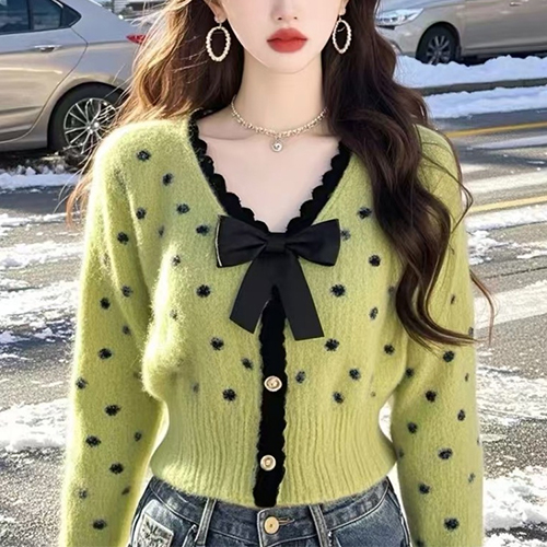 ◈[당일발송] 리본 브로치 그린 도트 가디건