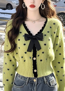 리본 브로치 그린 도트 가디건