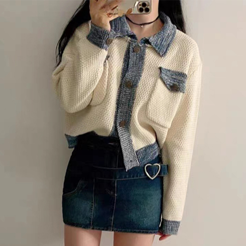 배색 카라 크롭 니트 가디건