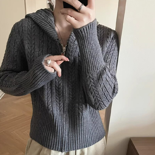 꽈배기 세미크롭 후드 집업 가디건