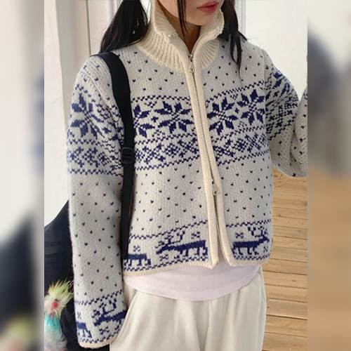 하이넥 눈꽃 패턴 투웨이 집업 가디건