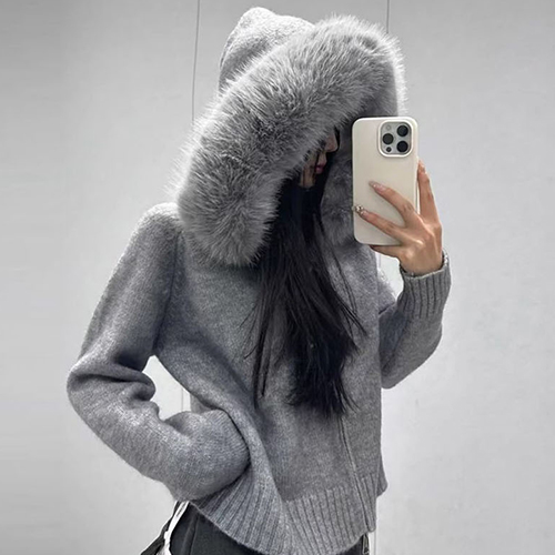 퍼 트리밍 후드 니트 가디건