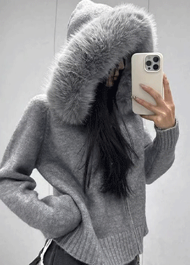 퍼 트리밍 후드 니트 가디건