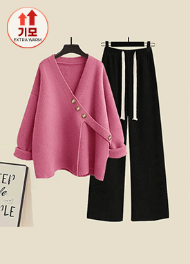 크로스 버튼 니트 가디건&코듀로이 기모 팬츠 2SET