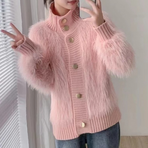 퍼 믹스 하이넥 골드버튼 니트 가디건