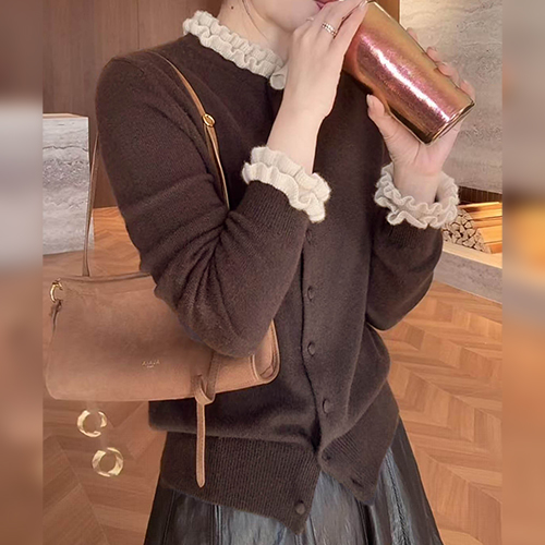 브라운 프릴 포인트 니트 가디건