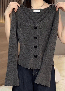 ★수요특가 자정마감 50%★레이스 브이넥 리본버튼 니트 가디건