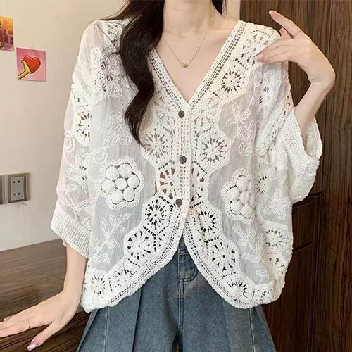 플라워 자수 크로셰 믹스 시스루 가디건