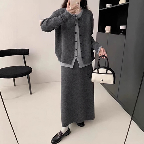 레이어드 감성 니트 가디건&스커트 2SET