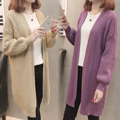 허니콤 니트 롱 가디건