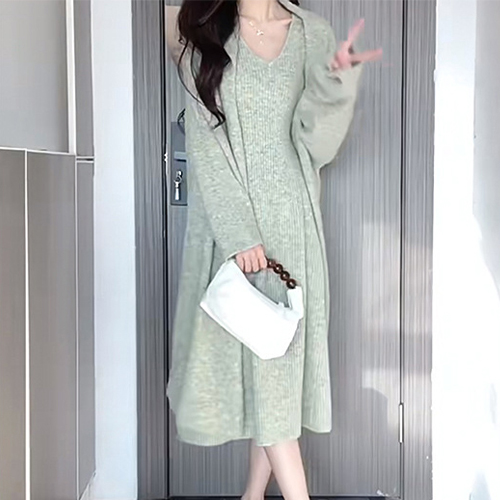 [당일발송]니트 롱 오픈 가디건+브이넥 골지 민소매 원피스 세트