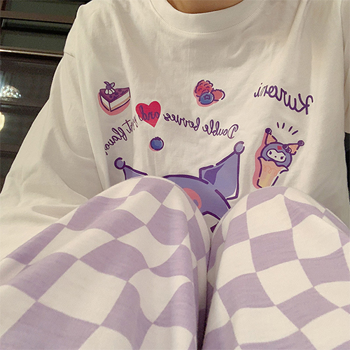 퍼플 체크 홈웨어 팬츠