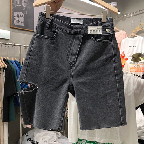 ◈[당일발송] 옆버튼 찢청 5부 반바지