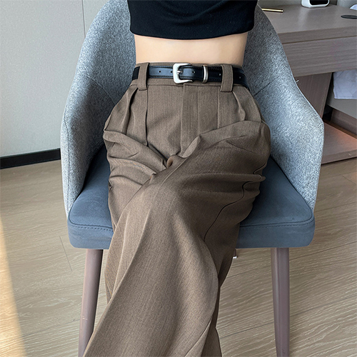 핀턱 뒷밴딩 벨티드 와이드 팬츠