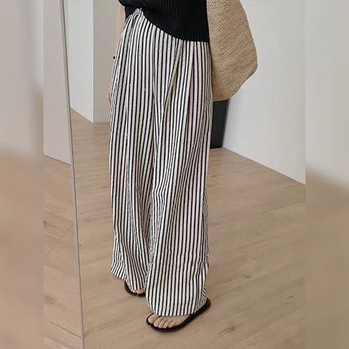 스트라이프 와이드 밴딩 팬츠