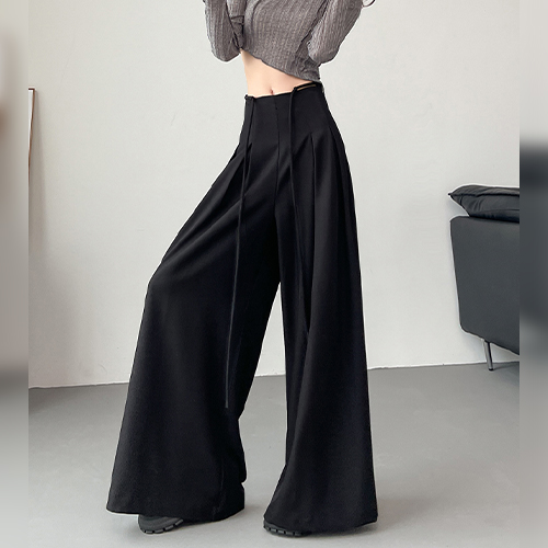 핀턱 리본끈 롱 와이드 팬츠