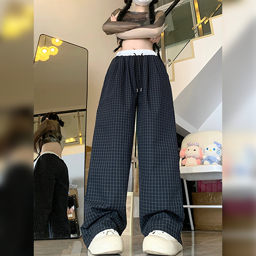 격자 체크 와이드 밴딩 팬츠