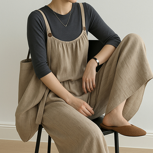 [당일발송]멜빵 내츄럴 와이드 팬츠