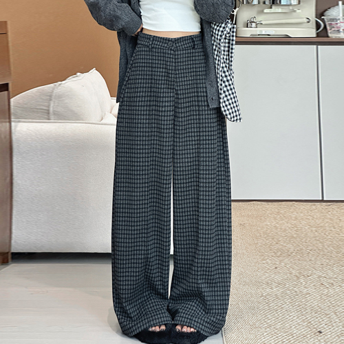 체크 와이드 뒷 밴딩 팬츠