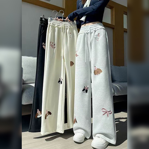 ◈[당일발송] 꾸안꾸 자수 포인트 밴딩 와이드 팬츠